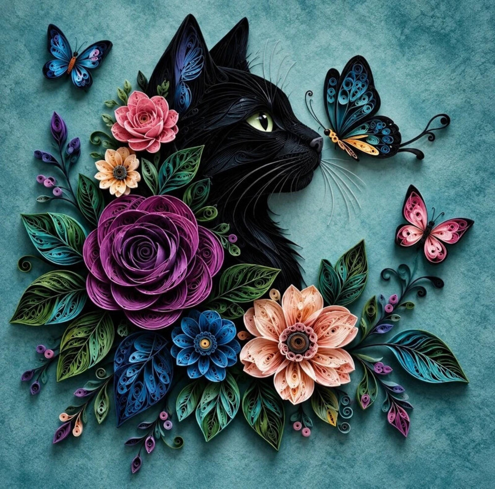 8x8 Framed Black Cat Floral Butterfly Quilling Art Print